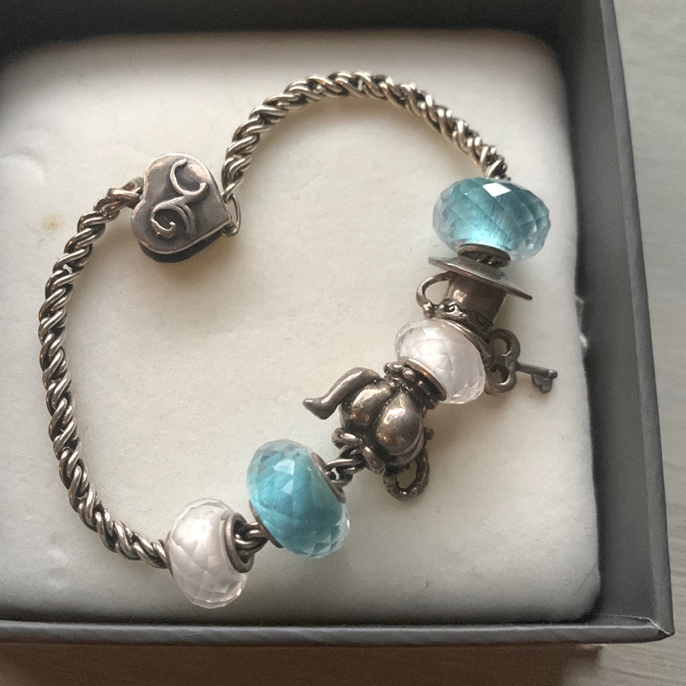 NoVo/ Pandora style charm bracelet with charms, teapot, teacup, key , turquoise
